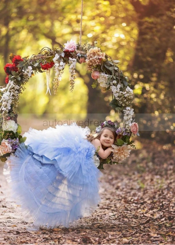 Sky Blue Satin Tulle Ruffled V Back Flower Girl Dress